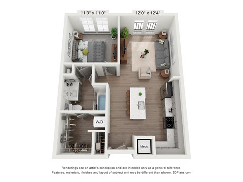 Floor plan rendering of the Bordwin floor plan 1 bedroom apartment
